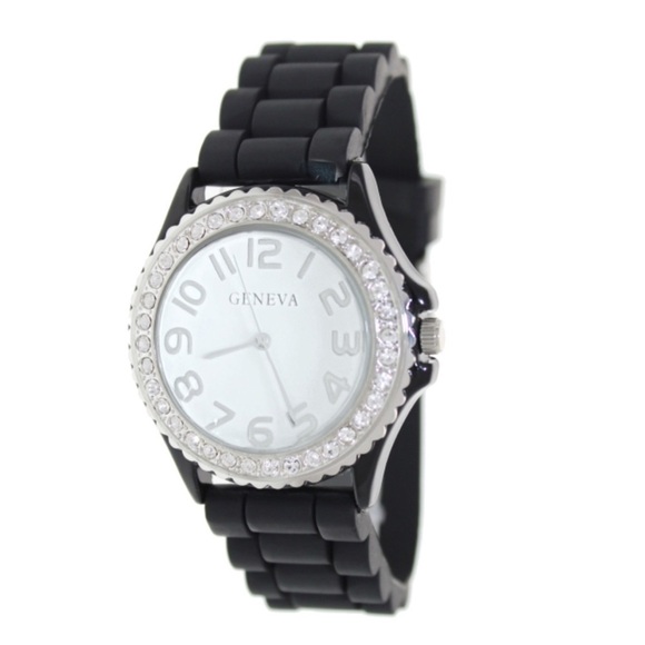 GENEVA • Silicone Rhinestone Crystal Watch Black Band New Battery Ready To Wear - Picture 1 of 4